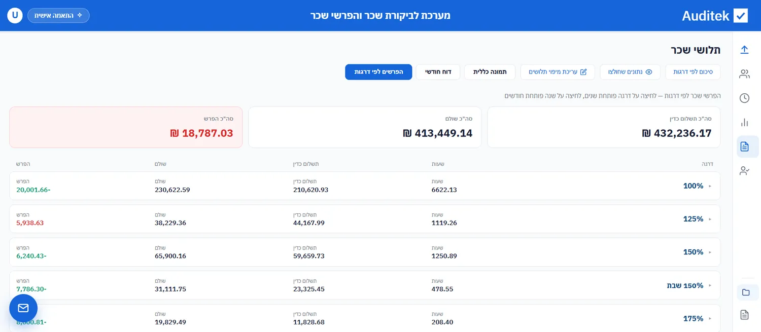פירוק ההפרשים לפי רכיבי שכר ודרגות, עם סיכום לתיק כולו