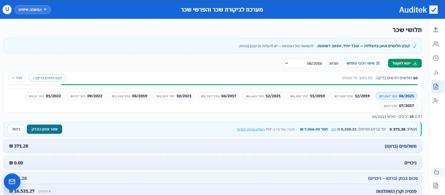 רשימת התלושים שנקלטו לפי חודשים, עם סימון חודשים הדורשים בדיקה